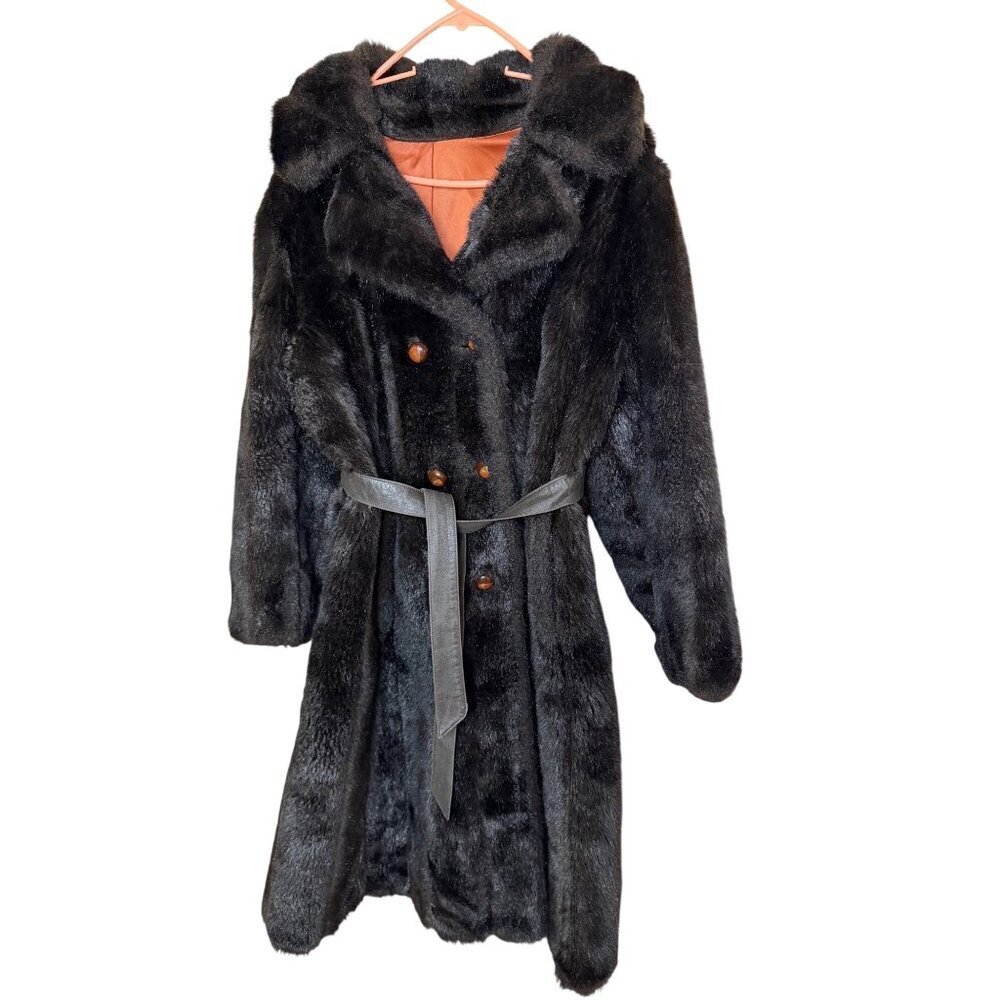 Vintage Womens Faux Fur Double Breasted Coat Size M/L Brown Wide Collar Lined